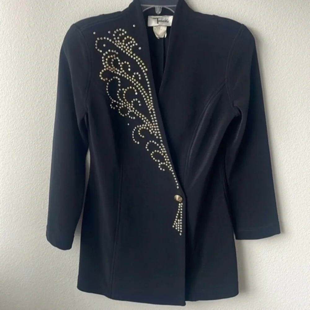 Tadashi jacket size Medium luxury black gold studded blazer dress